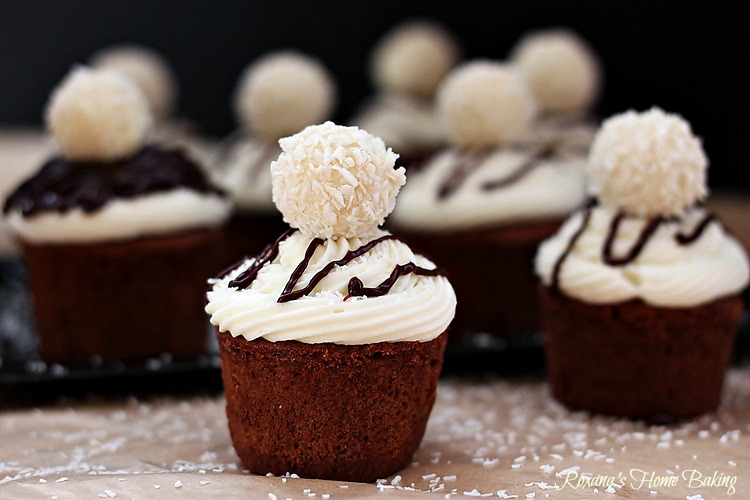 Chocolate cupcakes with coconut frosting