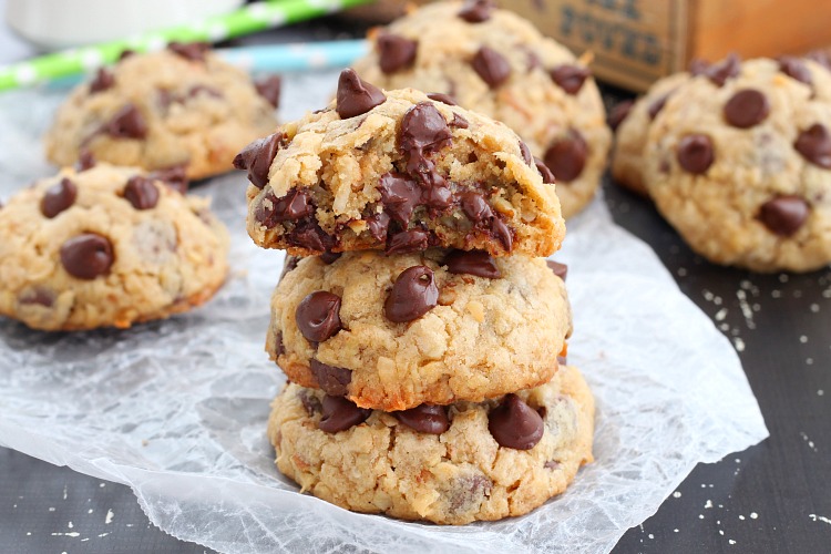 You won't get enough of these soft and chewy chocolate chip cookies loaded with chopped pecans and coconut flakes!